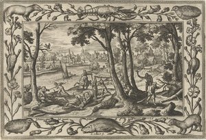caza de osos Paisajes con escenas bíblicas, mitológicas y escenas de caza (título de la serie) de Adriaen Collaert