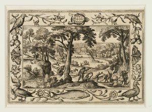 Caza del jabalí, de Paisajes con escenas del Antiguo y Nuevo Testamento y Escenas de caza de Adriaen Collaert
