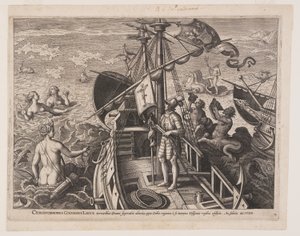 Cristóbal Colón en su barco, de Americae Retectio (El descubrimiento de América)