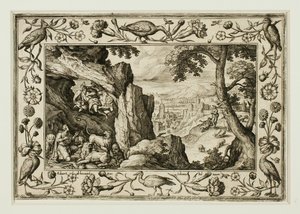 Daniel en la guarida del león, de Paisajes con escenas del Antiguo y Nuevo Testamento y Escenas de caza de Adriaen Collaert