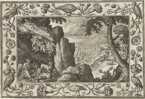 Daniel en el foso de los leones Paisajes con escenas bíblicas, mitológicas y escenas de caza (título de la serie) de Adriaen Collaert