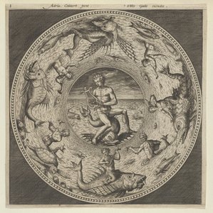 Diseño para un plato con Arion montando un delfín en un medallón bordeado por monstruos marinos, c. 1600