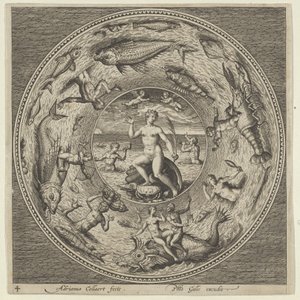 Diseño para una placa con Galatea en una concha flanqueada por trompetistas en un borde de medallón, c. 1600