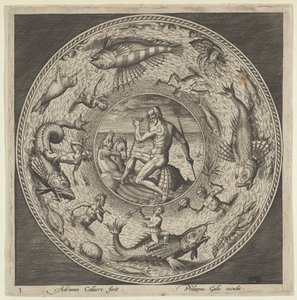 Diseño para un plato con Neptuno en una concha tirada por caballos en un medallón bordeado por..., c. 1600 de Adriaen Collaert