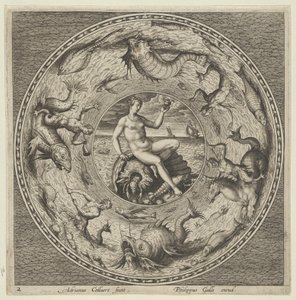 Diseño para un plato con Tetis en una concha en un medallón bordeado por monstruos marinos, c. 1600