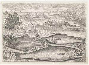 Tres peces en la playa Pesca (título de la serie) Iconos de Piscium vivae (título de la serie) de Adriaen Collaert