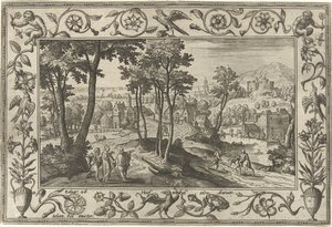 asistentes a Emaús Paisajes con escenas bíblicas, mitológicas y escenas de caza (título de la serie) de Adriaen Collaert