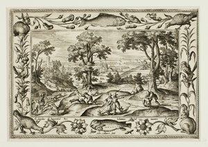 Caza de liebres, de Paisajes con escenas del Antiguo y Nuevo Testamento y Escenas de caza de Adriaen Collaert