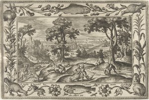 caza de liebres Paisajes con escenas bíblicas, mitológicas y escenas de caza (título de la serie) de Adriaen Collaert