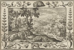 Judá y Tamar Paisajes con escenas bíblicas, mitológicas y escenas de caza (título de la serie) de Adriaen Collaert