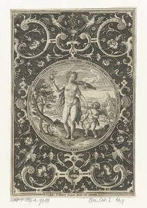 Medallón con Venus y Amor en un marco grotesco con flores, guirnaldas, animales y mascarones Medallones con figuras del Juicio de París (título de la serie) de Adriaen Collaert