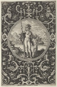 Minerva en un marco decorativo con grotescos, del Juicio de Paris, c. 1580-1600 de Adriaen Collaert