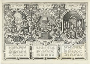 Ofertas onder de wet van de natuur, onder de wet van Mozes y onder de wet van het Evangelie Sacrificio bajo la Ley de la Naturaleza, Sacrificio bajo la Ley de Moisés, Sacrificio bajo la Ley del Evangelio (título sobre el objeto) de Adriaen Collaert