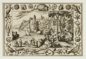La hija del faraón encuentra a Moisés, de Paisajes con escenas del Antiguo y Nuevo Testamento y Escenas de caza de Adriaen Collaert
