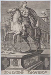 Lámina 12: estatua ecuestre de Domiciano, vista tres cuartos a la izquierda, con su..., ca. 1587-89 de Adriaen Collaert