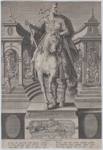 Placa 1: estatua ecuestre de Julio César, vista desde el frente, con una escena de..., ca. 1587-89