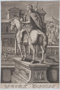 Placa 2: estatua ecuestre de Augusto, sosteniendo un globo y vista desde atrás, ca. 1587-89 de Adriaen Collaert