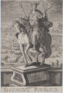 Placa 4: estatua ecuestre de Calígula, vista tres cuartos a la izquierda, vistiendo una..., ca. 1587-89