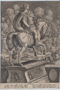 Placa 6: estatua ecuestre de Nerón, vista desde atrás, el Gran Incendio de Roma