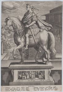 Placa 7: estatua ecuestre de Galba, de perfil a la izquierda, con una escena de decapitación..., ca. 1587-89 de Adriaen Collaert