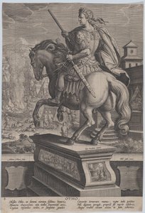 Placa 8: estatua ecuestre de Otho, vista desde atrás, su escena de muerte en el fondo de Adriaen Collaert