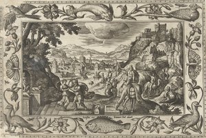 Rebeca y Eliezer junto al pozo Paisajes con escenas bíblicas, mitológicas y escenas de caza (título de la serie) de Adriaen Collaert