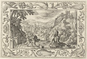 Rebeca y Eliezer junto al pozo Paisajes con escenas bíblicas, mitológicas y escenas de caza (título de la serie) de Adriaen Collaert