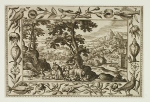 Los niños burlones maldecidos por Elías y comidos por la osa, de Paisajes con escenas del Antiguo y Nuevo Testamento y Escenas de caza de Adriaen Collaert