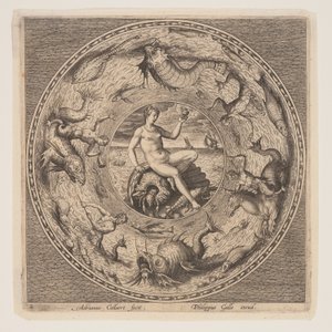Tetis sobre una concha, de un conjunto de diseños para láminas (Fonds de Coupe) de Adriaen Collaert