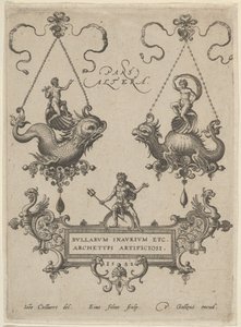 Placa de título con dos diseños de colgantes arriba y Neptuno de pie sobre un cartucho abajo, 1582 de Adriaen Collaert