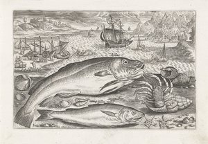 Dos peces en la playa Pesca (título de la serie) Iconos de Piscium vivae (título de la serie) de Adriaen Collaert