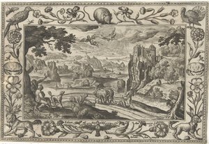 Caída de Ícaro Paisajes con escenas bíblicas, mitológicas y escenas de caza (título de la serie) de Adriaen Collaert