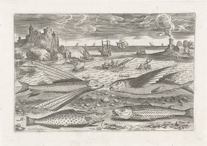 Cuatro peces en la playa Pesca (título de la serie) Iconos de Piscium vivae (título de la serie) de Adriaen Collaert
