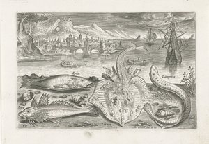 Cuatro peces en la playa Pesca (título de la serie) Iconos de Piscium vivae (título de la serie) de Adriaen Collaert