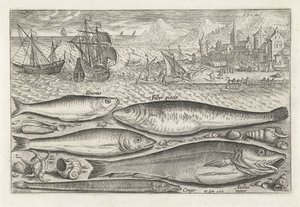 cinco peces en la playa Pesca (título de la serie) Iconos de Piscium vivae (título de la serie) de Adriaen Collaert