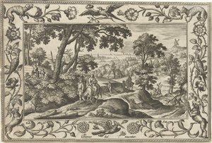 Vuelo a Egipto Paisajes con escenas bíblicas, mitológicas y escenas de caza (título de la serie) de Adriaen Collaert