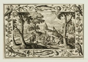 Caza del lobo, de Paisajes con escenas del Antiguo y Nuevo Testamento y Escenas de caza de Adriaen Collaert