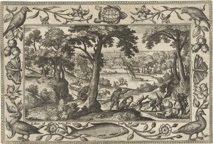 caza del jabalí Paisajes con escenas bíblicas, mitológicas y escenas de caza (título de la serie) de Adriaen Collaert