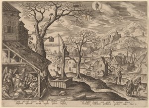 El ángel diciendo a José que huya y la huida a Egipto de Adriaen Collaert after Hans Bol