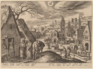 La Virgen y José en la posada de Adriaen Collaert after Hans Bol