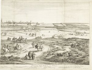 Vista de Bethune (hoja derecha) Veuë de la Ville de Bethune en Artois (título sobre el objeto) de Adriaen Frans Boudewyns