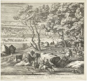 Vista del castillo de Fontainebleau (página derecha) Veuë du Chasteau de Fontainebleau du costé du Jardin (título sobre el objeto) de Adriaen Frans Boudewyns