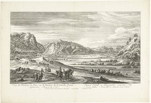 Vista del castillo de Joux Veuë du Chasteau de Joux sur la frontiere de la franche Comté (título sobre el objeto) de Adriaen Frans Boudewyns