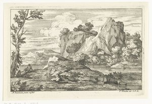 Paisaje con una gran roca junto a un río. de Adriaen Frans Boudewyns