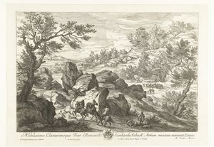 Paisaje con jinetes en un afloramiento rocoso Paisajes con cazadores (título de serie) de Adriaen Frans Boudewyns