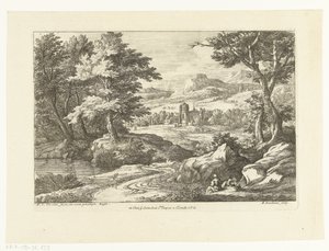 Paisaje con dos figuras a lo largo de un camino, una iglesia en la distancia de Adriaen Frans Boudewyns