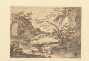 Paisaje con grandes rocas en el agua de Adriaen Honich (attributed to)