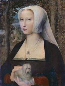 Retrato de una dama, de medio cuerpo, con un perro