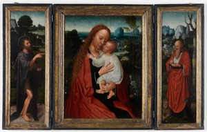 Virgen con Juan Bautista y San Jerónimo (óleo sobre tabla) de Adriaen Isenbrandt or Isenbrant