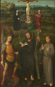 La crucifixión con los santos Miguel Arcángel, Andrés y Francisco de Asís, c. 1510 de Adriaen Isenbrant